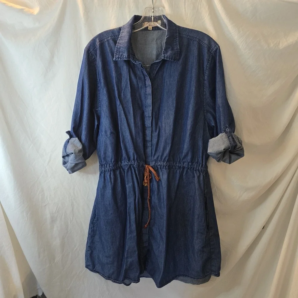 Daniel Denim Dress Long Or Roll Sleeve Midi With Braided Belt Women's Sz XXL